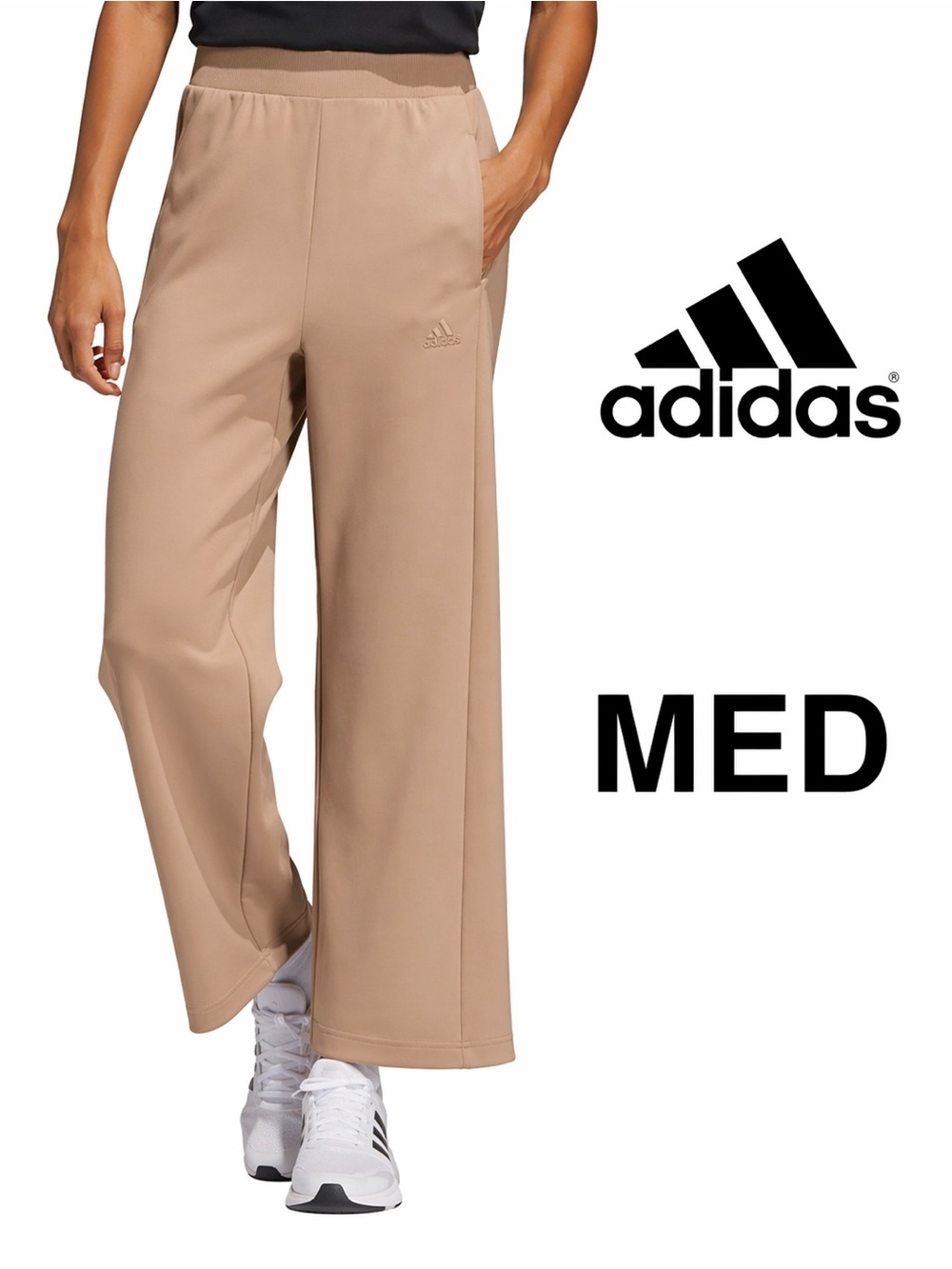 Adidas Wide Leg Pants Medium Beige Lounge Athleisure Relaxed Fit Pockets